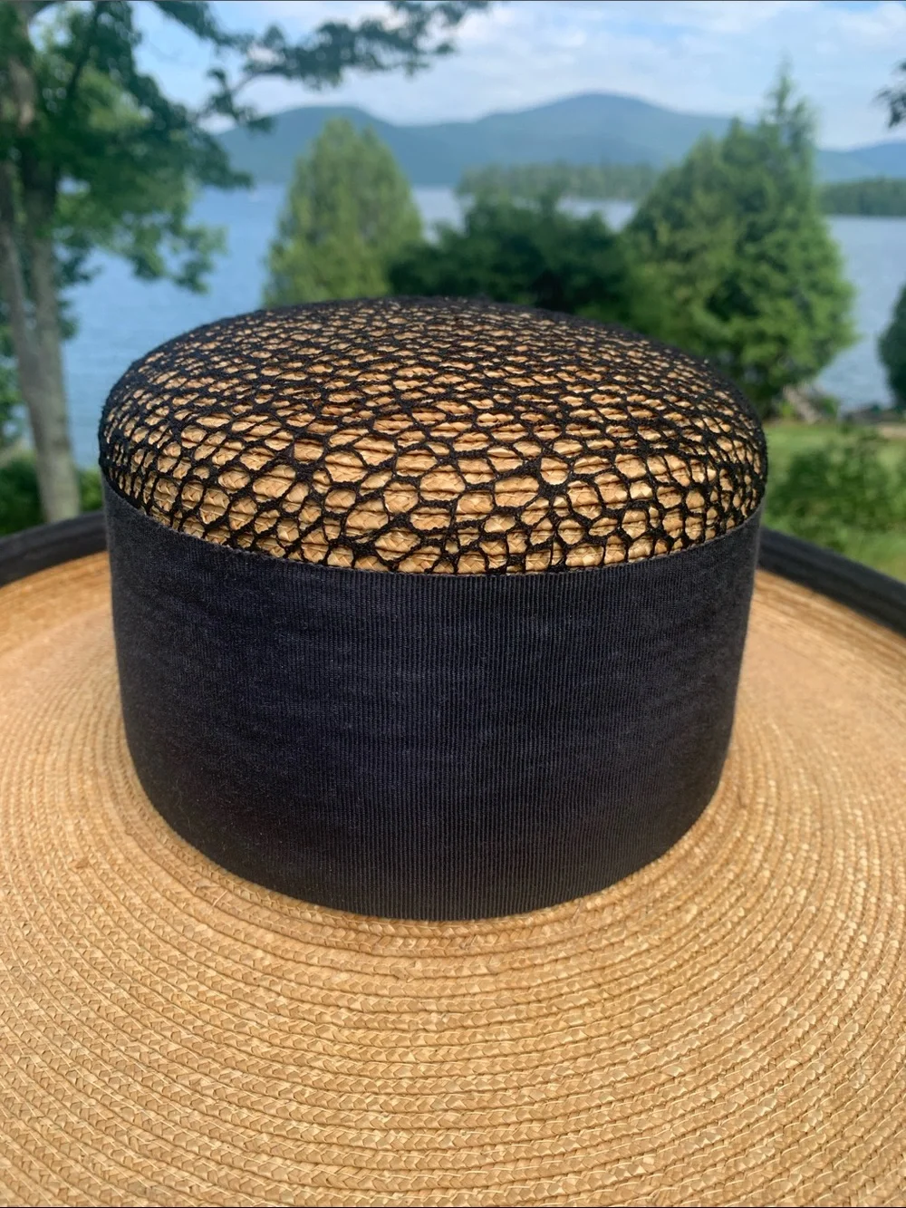 Two-Tone Straw track Hat with Black Trim